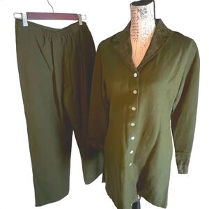 Scenario,36 duster jacket,38 elastic waist wide leg Embroidered Linen pant Suit
